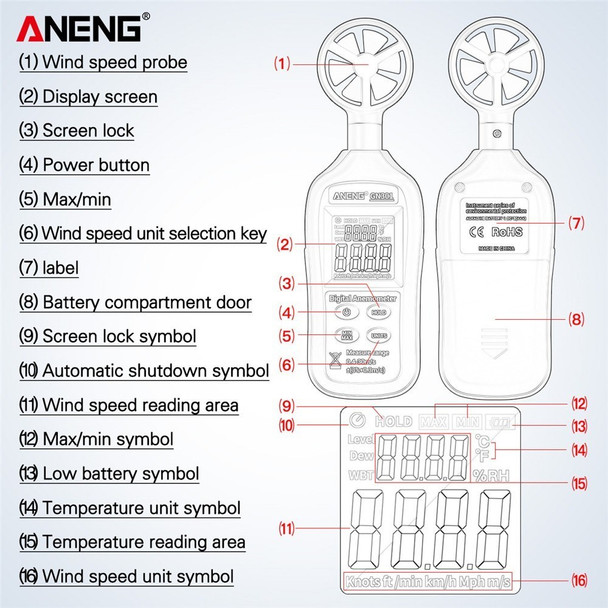 ANENG GN301 Digital Anemometer Handheld Wind Speed Meter Gauge with Thermometer Temperature Backlit