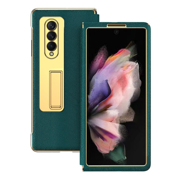 Leather Coated PC with Electroplating Frame Folding Phone Case Cover with Kickstand for Samsung Galaxy Z Fold3 5G - Green
