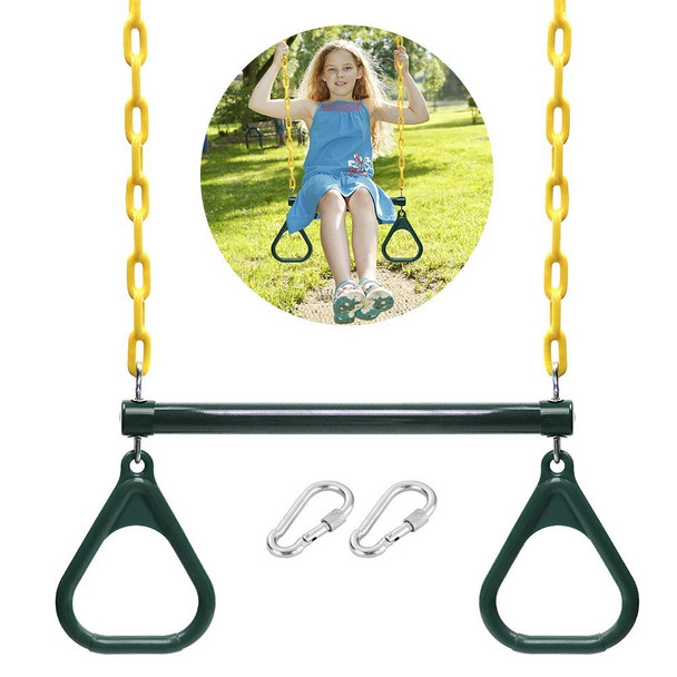 Trapeze Swing Bar and Rings Heavy Duty Swing Set with 47'' Plastic Coated Chains and Carabiners for Outdoor Playground - Green