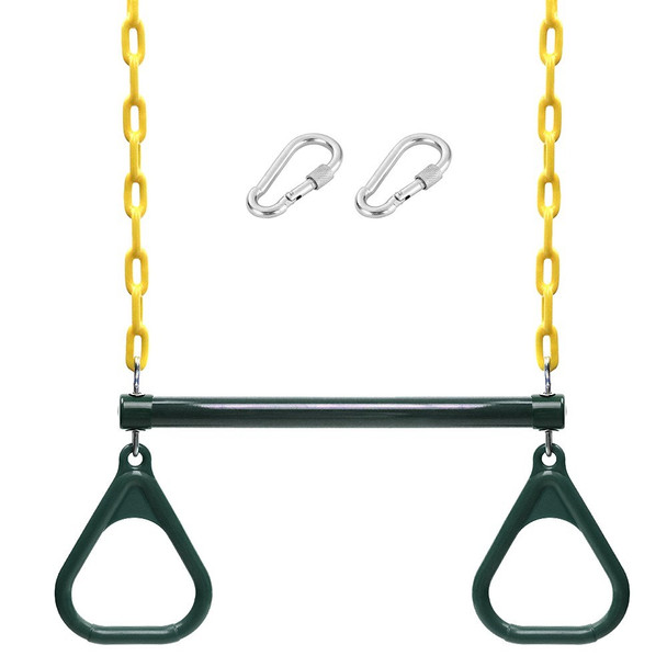 Trapeze Swing Bar and Rings Heavy Duty Swing Set with 47'' Plastic Coated Chains and Carabiners for Outdoor Playground - Green