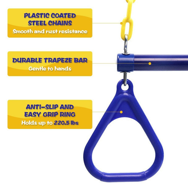 Trapeze Swing Bar and Rings Heavy Duty Swing Set with 47'' Plastic Coated Chains and Carabiners for Outdoor Playground - Green
