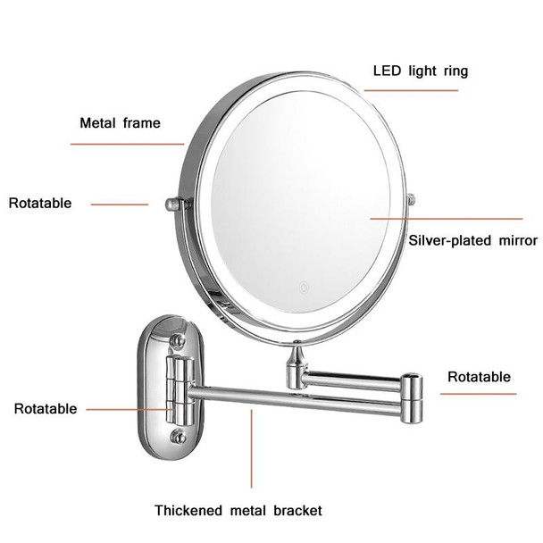 8 Inch Wall-Mounted Double-Sided Makeup Mirror LED Three-Tone Light Bathroom Mirror, Colour:Battery Models Silver(Ten Times Magnification)