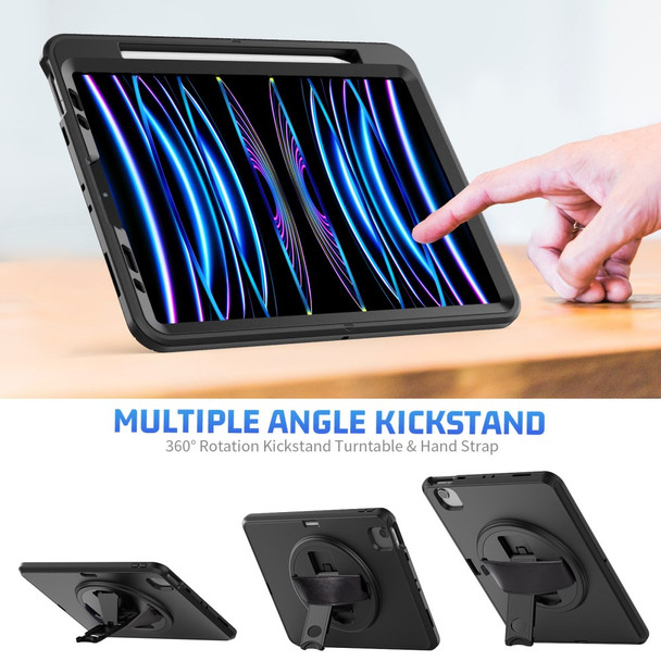 For iPad Pro 11-inch (2018) / (2020) / (2021) / (2022)  /  Air (2020) / (2022) Protective Case Anti-Drop Tablet Cover Hard PC TPU Shockproof Kickstand Case with Handle Strap / Pen Slot - Black