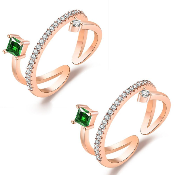 2 PCS J356 Ladies Emerald Zircon Double Micro Setting Open Ring(Rose Gold)