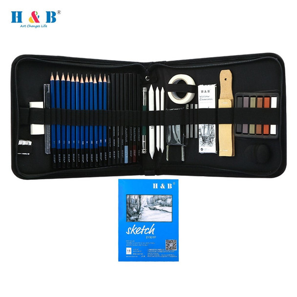 48Pcs/Set Professional Sketch Pencils Set with Sketch Graphite Pastel Charcoal Pencil Stick Eraser Sharpener Sponge Masking Tape Extender Sketchbook Carrying Bag for Children Adults Artist Beginners