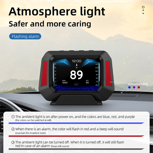 P21 3.5 inch HUD Head Up Display Multifunctional Car Meter Car Gauge Diagnostic Tool Slope Meter with Atmosphere Light Vehicle Car OBD2/GPS Dual System Declinometer Accessories