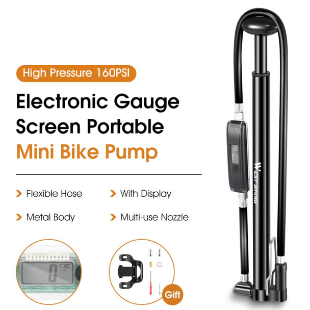 WEST BIKING YP0711117 Portable 160PSI Bicycle Tire Pump Digital Display Cycling Bike Air Inflator - Black