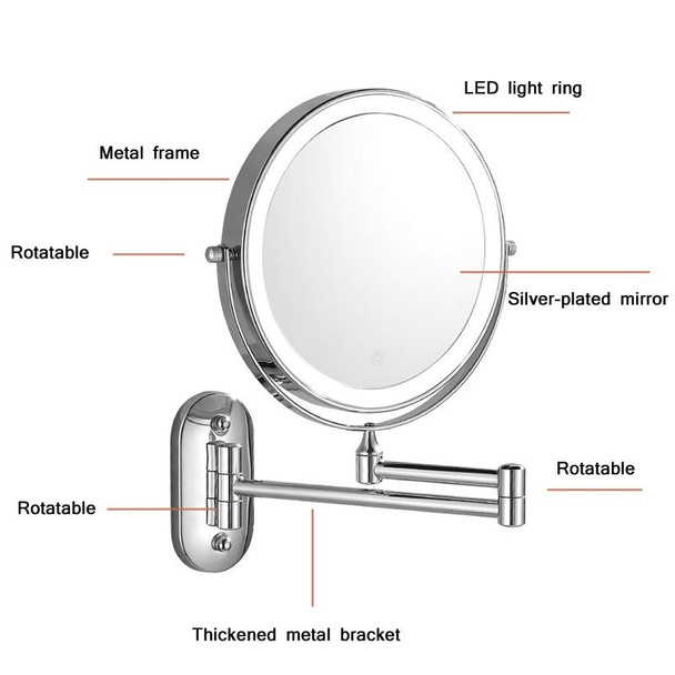 8 Inch Wall-Mounted Double-Sided Makeup Mirror LED Three-Tone Light Bathroom Mirror, Colour: USB Charging Silver(Triple Magnification)