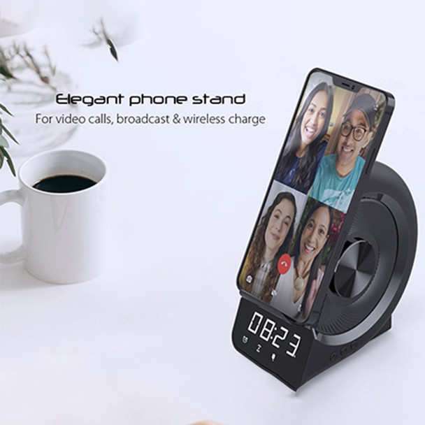 WD-200 Mobile Phone Holder 10W Dual Coil Wireless Charger Rechargeable FM Radio Bluetooth Speaker with Digital Alarm Clock - Black