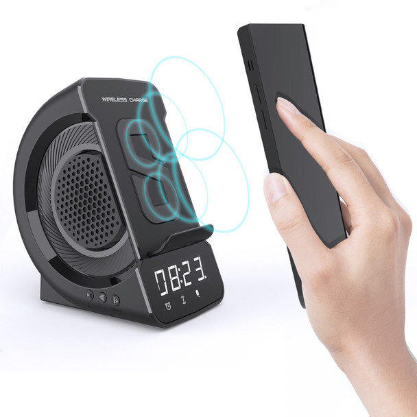 WD-200 Mobile Phone Holder 10W Dual Coil Wireless Charger Rechargeable FM Radio Bluetooth Speaker with Digital Alarm Clock - Black