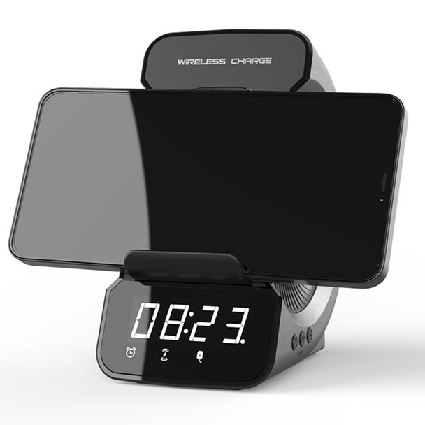 WD-200 Mobile Phone Holder 10W Dual Coil Wireless Charger Rechargeable FM Radio Bluetooth Speaker with Digital Alarm Clock - Black