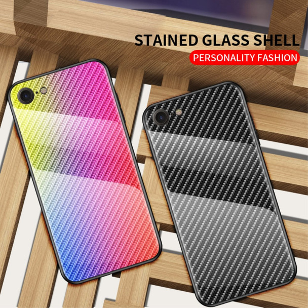 Carbon Fiber Skin Tempered Glass + PC + TPU Cell Case for iPhone 8/7/SE (2020)/SE (2022) - Black Fiber