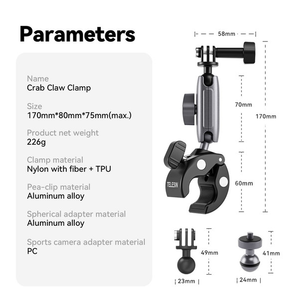 TELESIN GP-HBM-001 Motorcycle Bicycle Camera Holder Handlebar Mount Aluminum Alloy Action Camera Phone Bracket