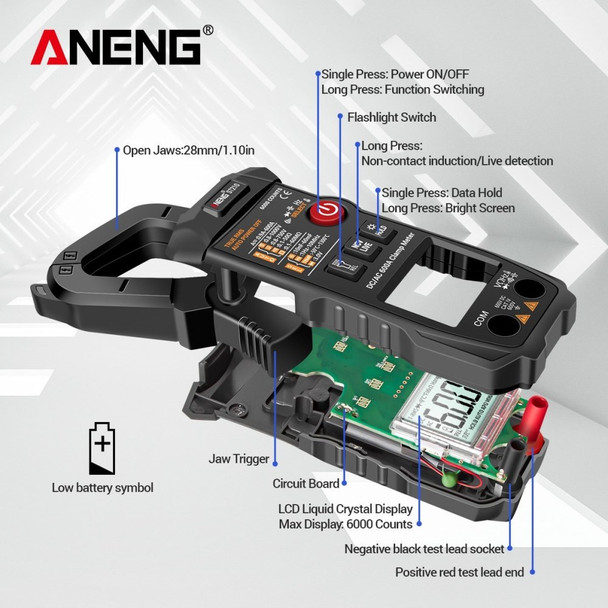 ANENG Digital Clamp Meter AC/DC Voltage Current Tester Auto-Ranging Temperature Capacitance Resistance Diodes Continuity Test - Black