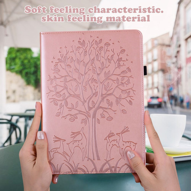 Card Slots PU Leather Stand Case Shell with Imprinted Tree and Deer Pattern for Samsung Galaxy Tab S7 SM-T870 / SM-T875 / SM-T876B / Tab S8 - Rose Gold