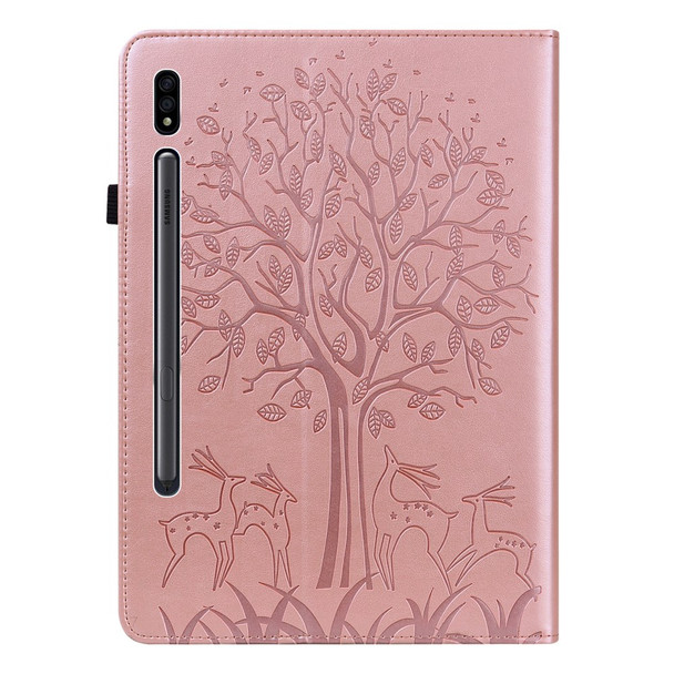 Card Slots PU Leather Stand Case Shell with Imprinted Tree and Deer Pattern for Samsung Galaxy Tab S7 SM-T870 / SM-T875 / SM-T876B / Tab S8 - Rose Gold