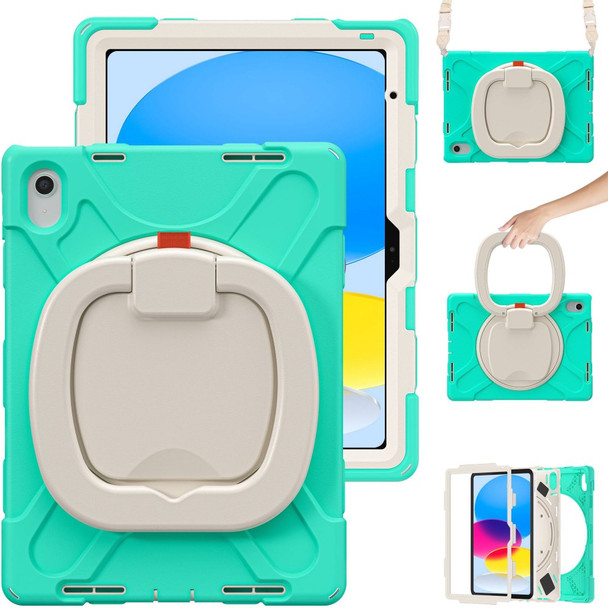 For iPad 10.9 (2022) Rotary Kickstand Tablet Protective Case PC + Silicone Anti-drop Back Cover with Shoulder Strap - Mint Green