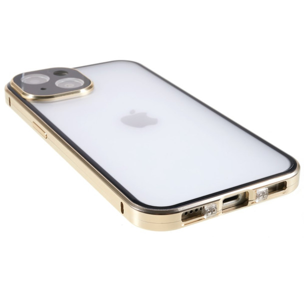 For iPhone 14 Plus Straight Edge Anti-Peeping Case Matte Back Double Sided Tempered Glass Magnetic Adsorption Metal Frame Safety Buckle Phone Cover - Gold