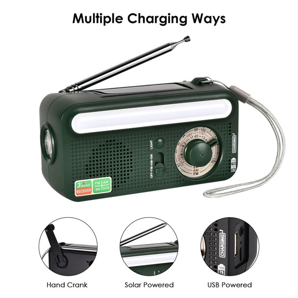 Hand Crank Solar Emergency Flashlight Reading Light USB Rechargeable FM/AM/SW SOS Alarm Radio - Black