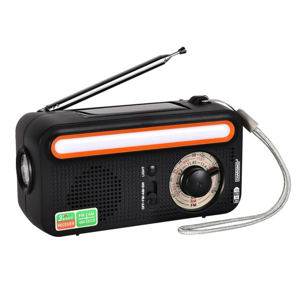 Hand Crank Solar Emergency Flashlight Reading Light USB Rechargeable FM/AM/SW SOS Alarm Radio - Black