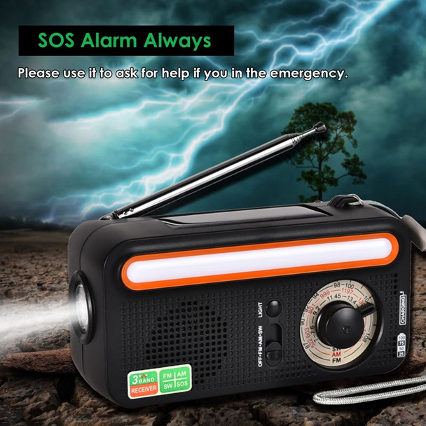 Hand Crank Solar Emergency Flashlight Reading Light USB Rechargeable FM/AM/SW SOS Alarm Radio - Black