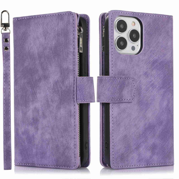 For iPhone 13 Pro Max 6.7 inch Skin-touch PU Leather Stand Case Zipper Pocket Multiple Card Slots Drop-proof Wallet Cover with Wrist and Shoulder Strap - Light Purple