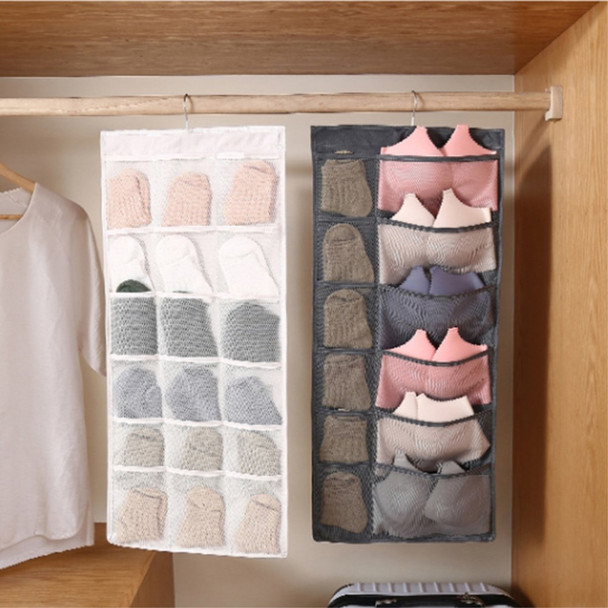 Dual-sided Hanging Closet Organizer for Underwear Sock Toiletries Bra 30 Mesh Pockets - Grey
