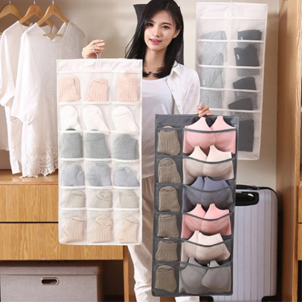 Dual-sided Hanging Closet Organizer for Underwear Sock Toiletries Bra 30 Mesh Pockets - Grey