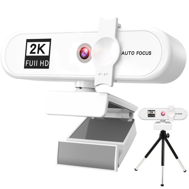 2K Full HD Auto Focus USB Computer Laptop Camera Live Streaming Video Conference Webcam with Built-in Microphone - White