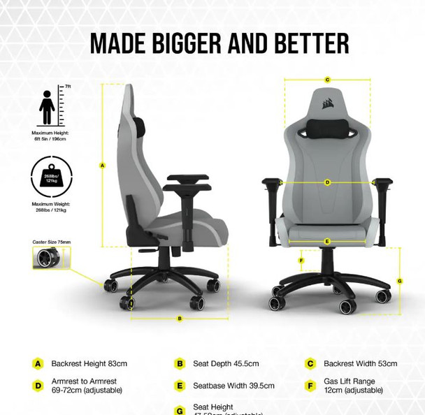 CORSAIR TC200 Leatherette Gaming Chair; Standard Fit; Light Grey/White