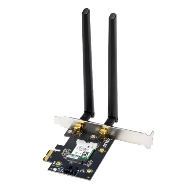 Asus WiFi 6E PCI-E Adapter with 2 external antennas. Supporting 6GHz band; 160MHz; Bluetooth 5.2; WPA3 network security; OFDMA a