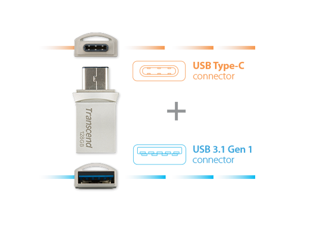 TRANSCEND 128GB JETFLASH 890 USB-C & USB 3.1 OTG FLASH DRIVE - SILVER