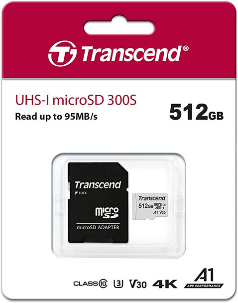 TRANSCEND 512GB MICRO SDXC C10 UHS-I U1/U3 V30 A1 WITH SD ADAPTOR