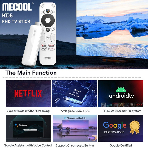 MECOOL KD5 Smart TV Stick TV Box Android 11 ATV Google Certified Amlogic S805X2 1GB 8GB DDR4 2.4G+5G WiFi BT AV1 TV Dongle (1+8G) - US Plug