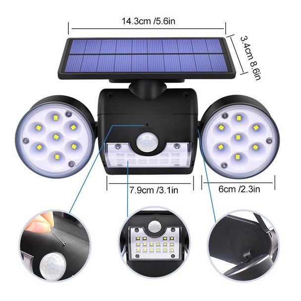 30 LEDs Solar Light Dual Head Solar Lamp PIR Motion Sensor Spotlight Waterproof Outdoor Adjustable Angle Lights