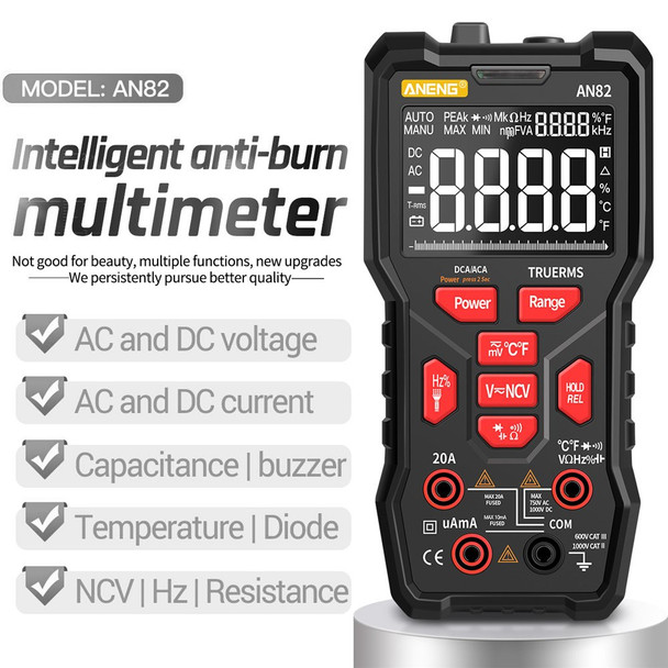 ANENG AN82 9999 Counts Digital Multimeter Auto Ranging Electrical Tester Portable Ture RMS AC/DC Ammeter Voltage Meter (VA Display Screen) - Black