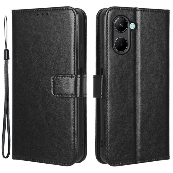 For Realme C33 4G Crazy Horse Texture PU Leather Case Stand Magnetic Folio Flip Design Phone Protective Wallet Cover with Strap - Black