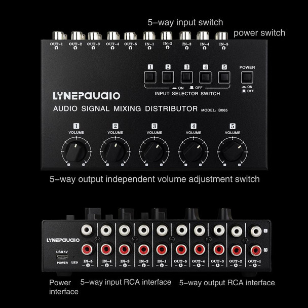 5 In 5 Out Audio Signal Selector Sound Mixing Distribute Device Input Independent Switch