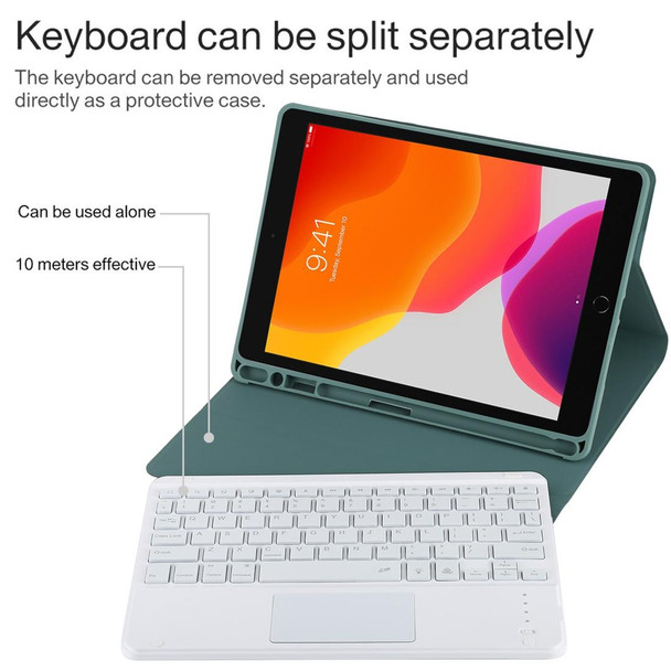 TG-102BCS Detachable Bluetooth White Keyboard + Microfiber Leather Tablet Case for iPad 10.2 inch / iPad Air (2019), with Touch Pad & Backlight & Pen Slot & Holder (Dark Green)