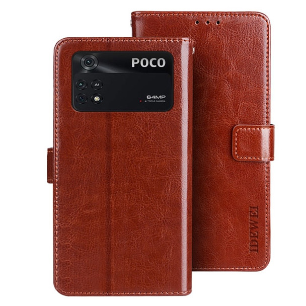 IDEWEI For Xiaomi Poco M4 Pro PU Leather + TPU Crazy Horse Texture Case Stand Feature Folio Flip Magnetic Wallet Mobile Phone Cover - Brown