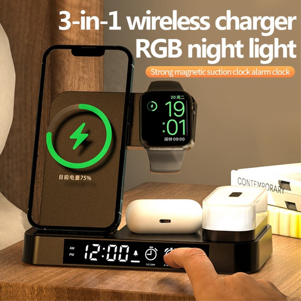 A37 3-in-1 For Cell Phone Watch 15W Wireless Charger Folding Design Alarm Clock 20W Type C Port RGB LED Night Light - Black