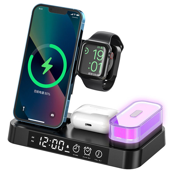 A37 3-in-1 For Cell Phone Watch 15W Wireless Charger Folding Design Alarm Clock 20W Type C Port RGB LED Night Light - Black