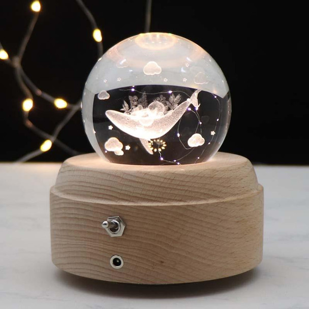 Girl Bedside Lamp Crystal Ball Wooden Base Music Box Charging Glow Rotating Night Light, Random Music(Whale)