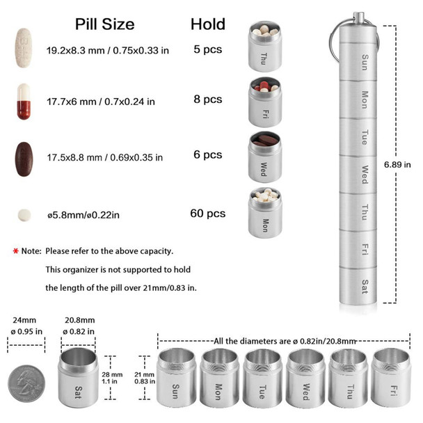 S-J-021 Weekly Pill Box 7-Day Pill/Medicine/Vitamin Organizer Aluminum Alloy Water-Proof Pill Container Case