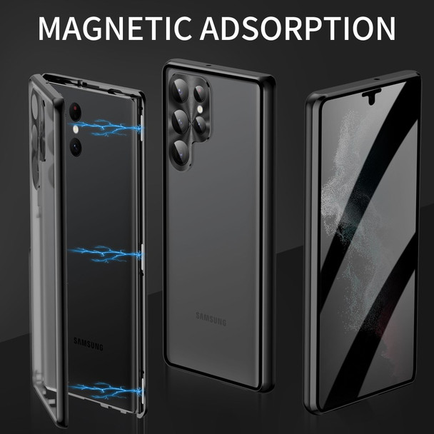 For Samsung Galaxy S23 Ultra Anti-peep Single-Sided Tempered Glass+PC Panel Anti-scratch Phone Cover with Safety Buckle and Magnetic Adsorption Metal Frame - Black