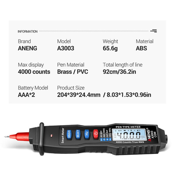 ANENG A3003 Digital Pen Auto Multimeter 4000 Counts Smart Meter with NCV AC/DC Voltage Resistance Capacitance Tester - Black