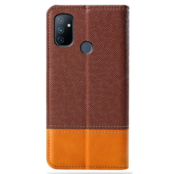 Anti-fall Phone Case For OnePlus Nord N100, Full Protection Magnetic Closure PU Leather Flip Wallet Stand Color Splicing Phone Cover - Brown
