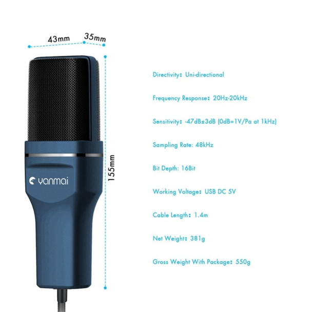 YANMAI SF-777 Desktop Condenser Microphone USB Wired Cardioid Mic with Tripod Stand for Singing Gaming Recording - Blue