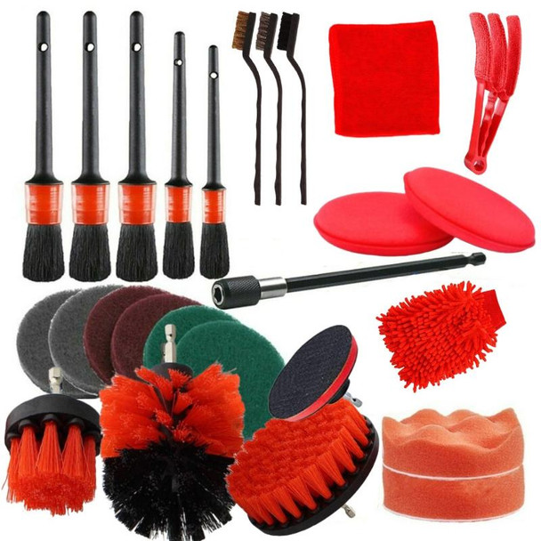 26 PCS / Set Car Beauty Car Wash Detail Brush Electric Drill Brush Outlet Brush(Red )