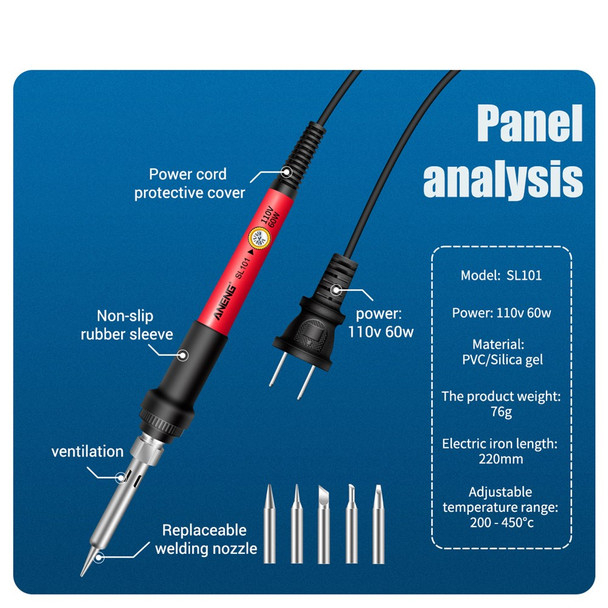 ANENG SL101 12Pcs 60W Electric Soldering Iron Kit with Replaceable Welding Head Electronic Repair Set - US Plug